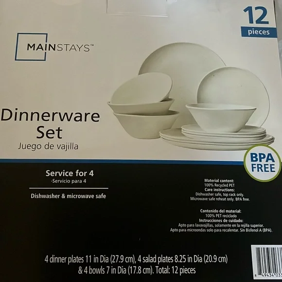 Mainstays 12-Piece Dinnerware Set Service For 4 BPA-Free white Specks - Picture 2 of 4